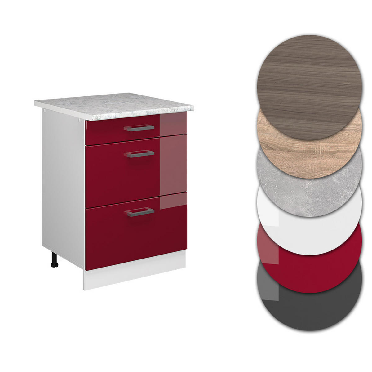 UNTERSCHRANK R-Line Bordeaux Hochglanz 60 cm mit Schubladen - Bordeaux/Weiß, Holzwerkstoff (60/81.6/60cm) - Vicco