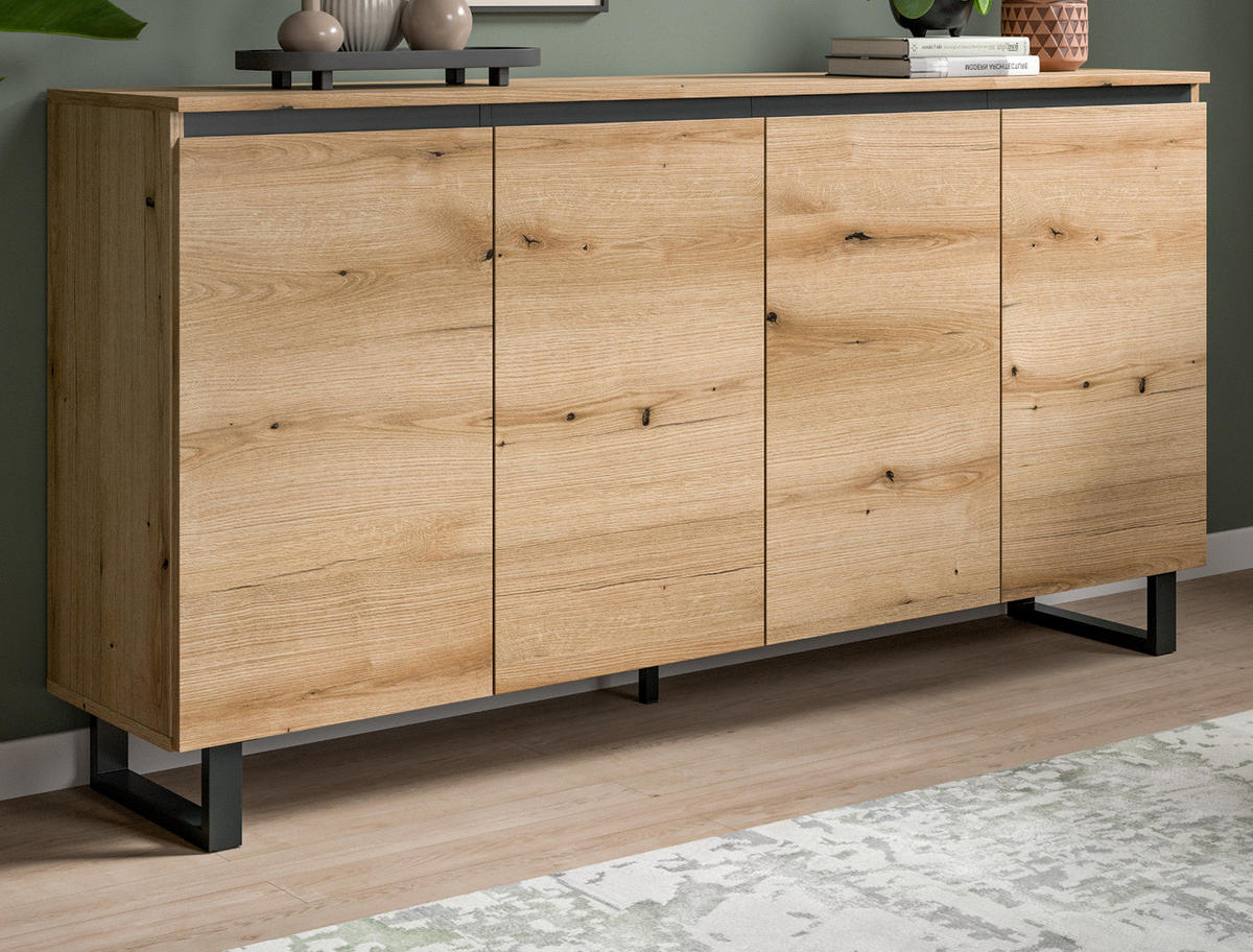 SIDEBOARD Evoke Eiche mit schwarz, Kommode 160 x 84 cm mit Soft-Close, Gelia - Eichefarben/Schwarz, Holzwerkstoff/Metall (160/84/36cm) - Inn.Furn