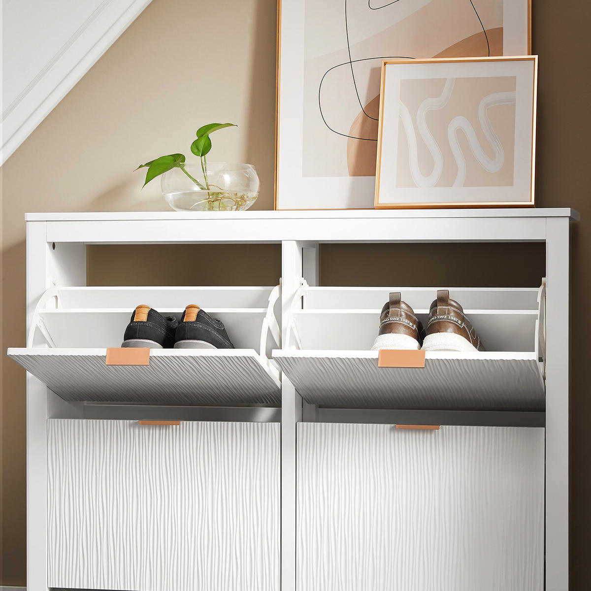 SCHUHSCHRANK Weiß, Schuhkipper mit 4 Klappen, 104x82x23cm - Weiß, Holzwerkstoff/Metall (104/82/23cm) - SoBuy