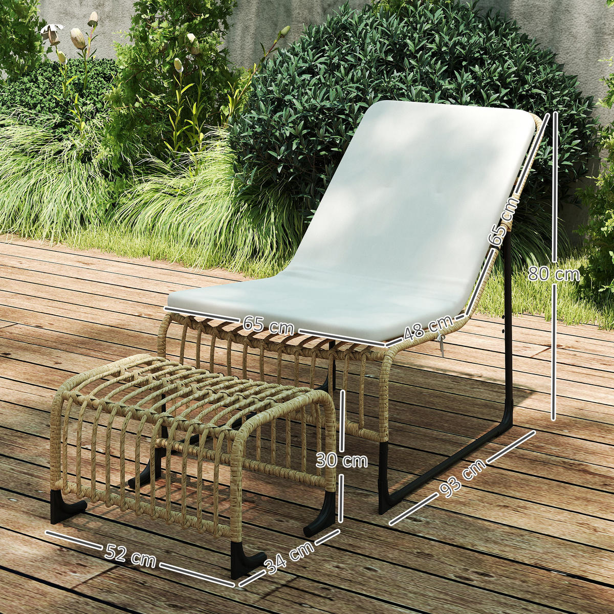 RELAXSESSEL mit Fußhocker UV-beständig Gartensessel mit Kissen Bänder - Creme, Metall (65/80/93cm) - Outsunny