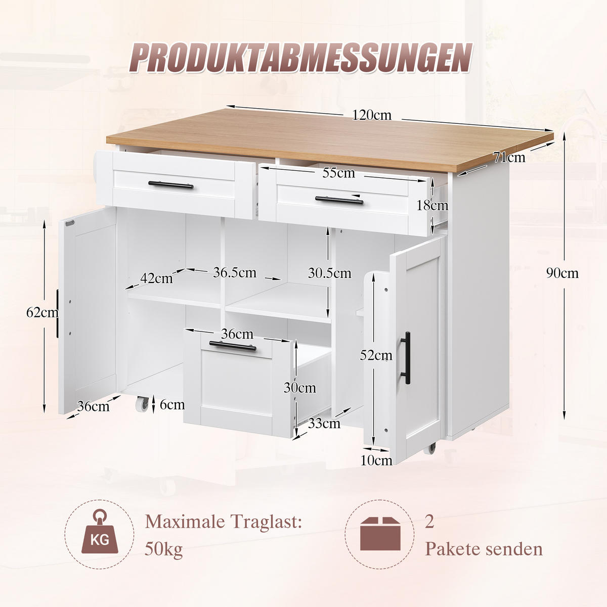 KÜCHENINSEL 120/71/90 cm Weiß aus Holzwerkstoff mit Rollen - Weiß, Holzwerkstoff (120/90/71cm) - OKWISH