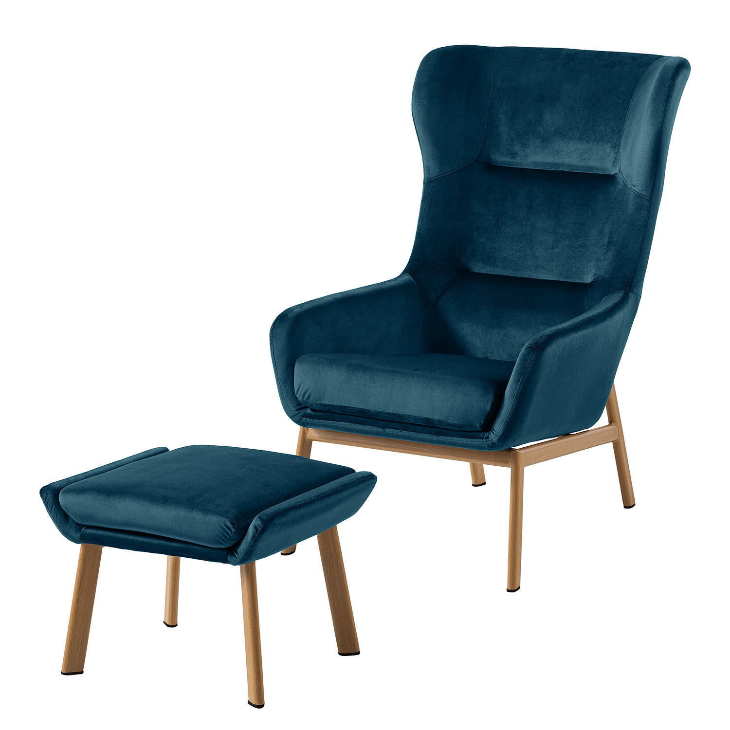 OHRENSESSEL - inkl. Hocker - Samt - Marineblau - Blau/Beige, Textil/Metall (65/100/88cm) - home24