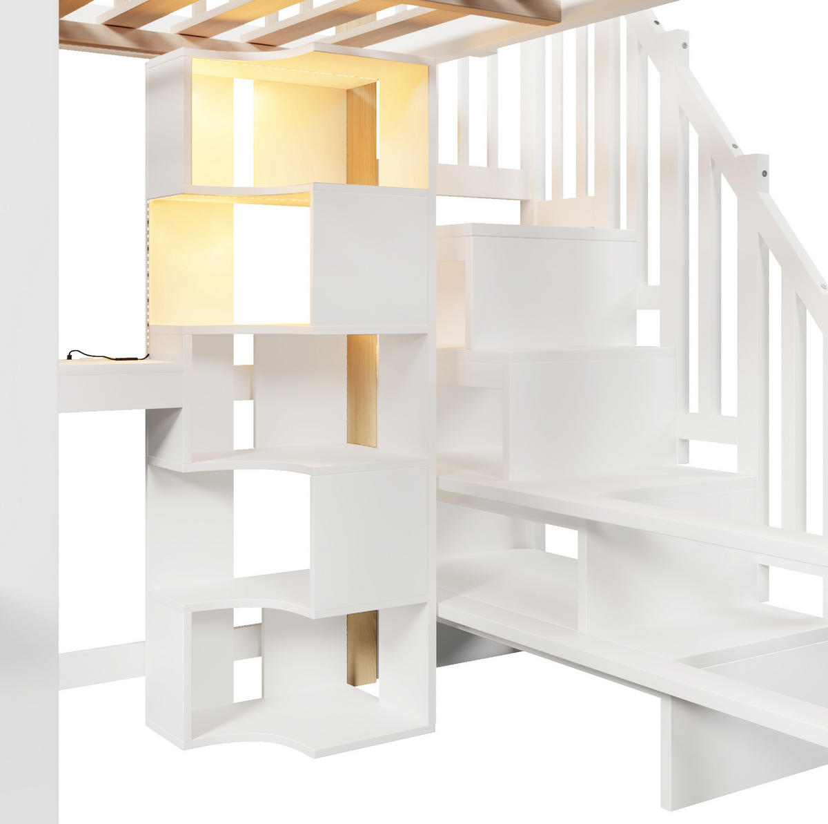 VISOKI krevet 140/200 cm s LED osvjetljenjem, radnim stolom, policama i spremištem, Bijela+Prirodna - bijela, drvo (140/200cm) - Redom