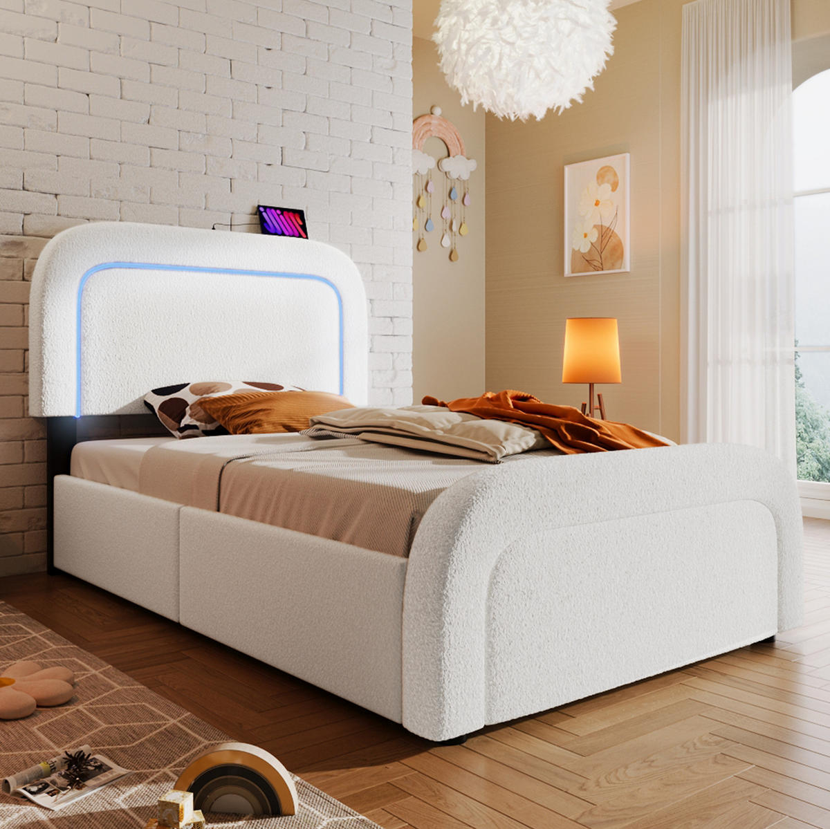 POLSTERBETT 90/200 cm in Weiß mit USB-C, LED und 2 Schubladen - Weiß, Textil (90/200cm) - BEAOK