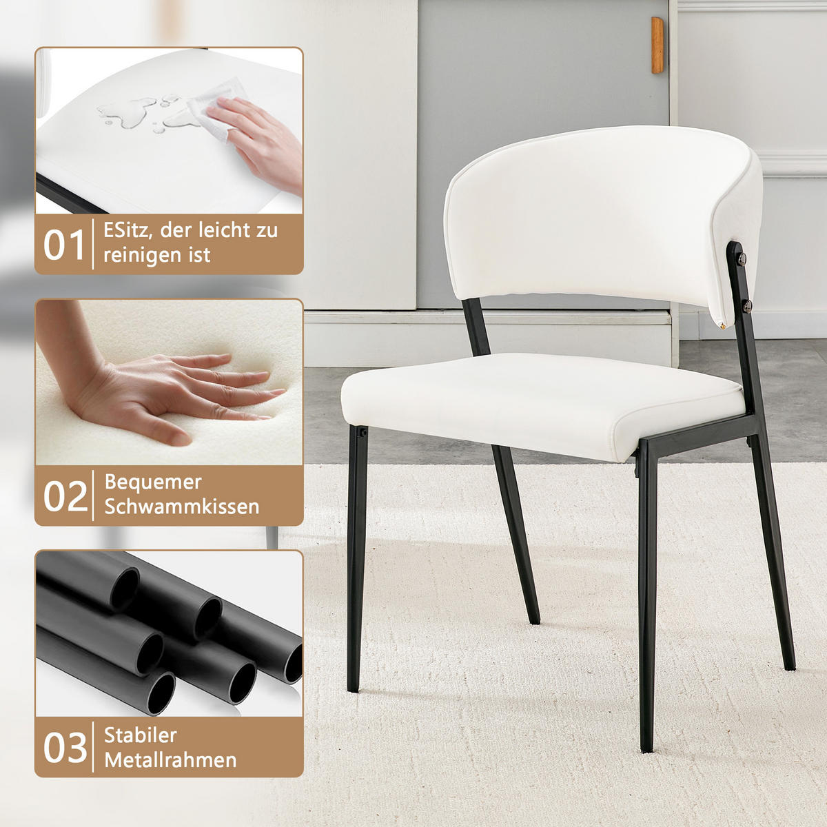 STUHL-SET DE-36686 2 Stück mit Kunstlederbezug und Metallgestell Weiß - Weiß, Metall (49/78/51cm) - ComfortXL