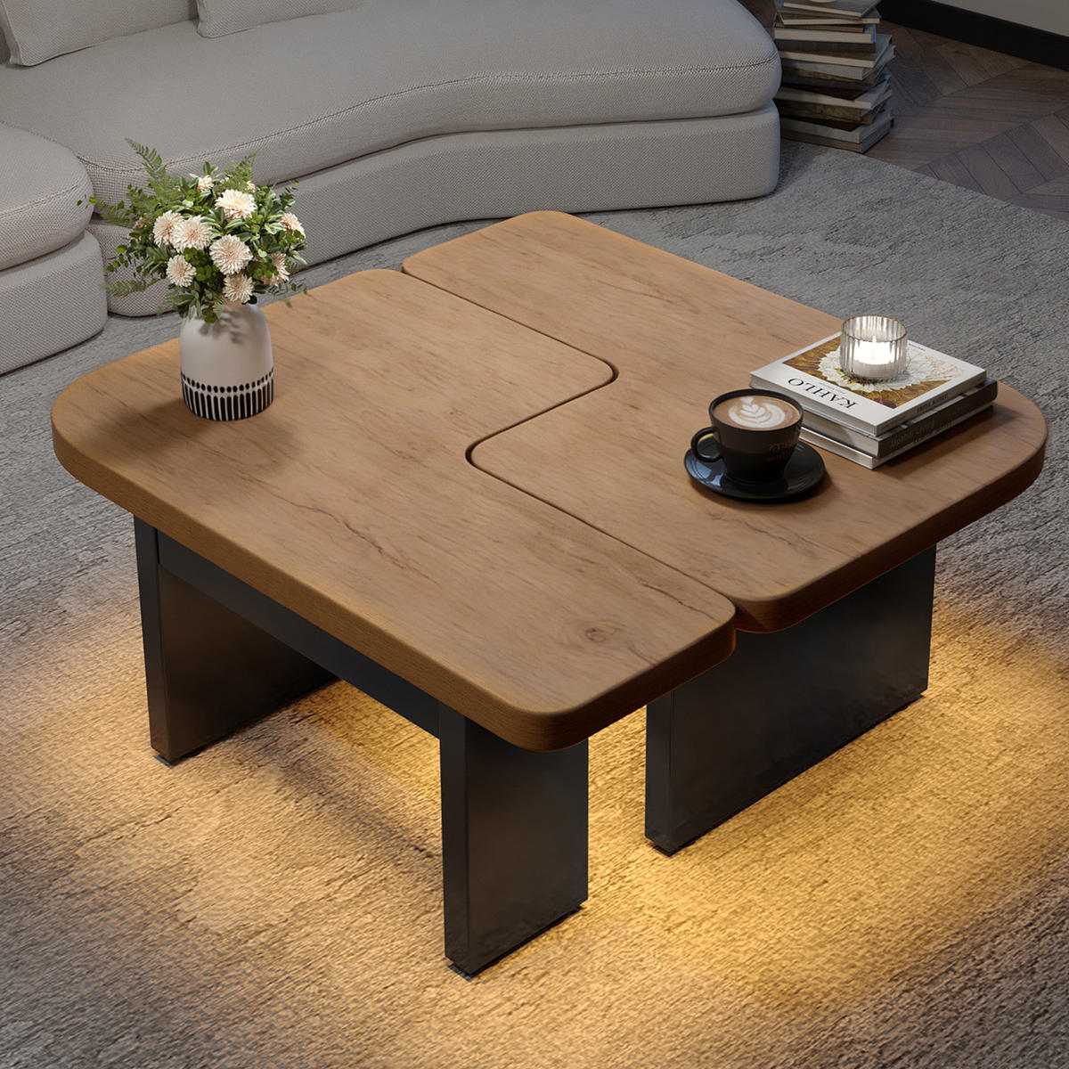COUCHTISCH 90/60/44,5 cm mit LED-Beleuchtung, 2 Schubladen und 2-in-1-Design, Natur/Schwarz - Naturfarben, Holzwerkstoff (90/60/44.5cm) - Modfu