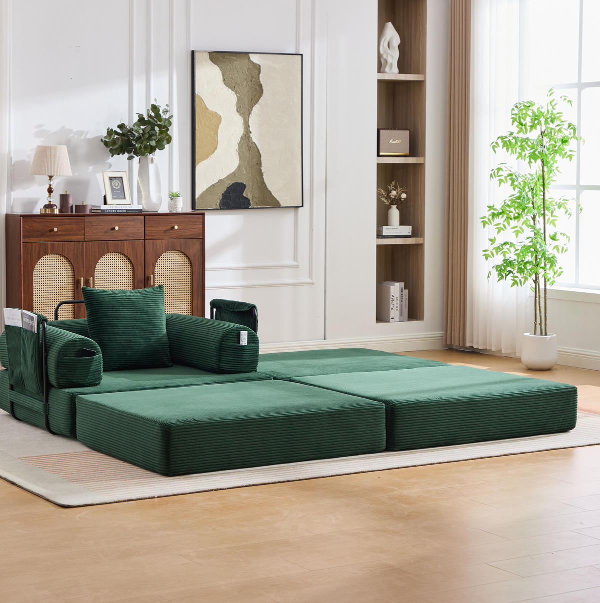 SCHLAFSESSEL aus Cord 112x190x67 cm Smaragdgrün mit Hocker, Seitentasche und Kissen - Smaragdgrün, Textil (112/67/190cm) - Modfu