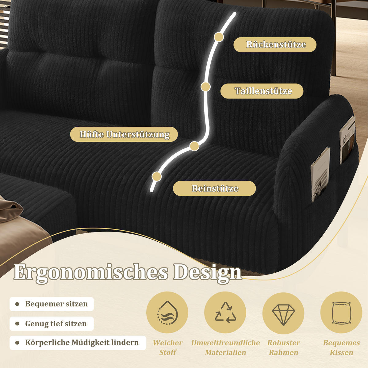 2-SITZER-SOFA Stoffcouch mit Seitentaschen,Cord,Schwarz - Grau, Textil (120/79/75cm) - LVHOM