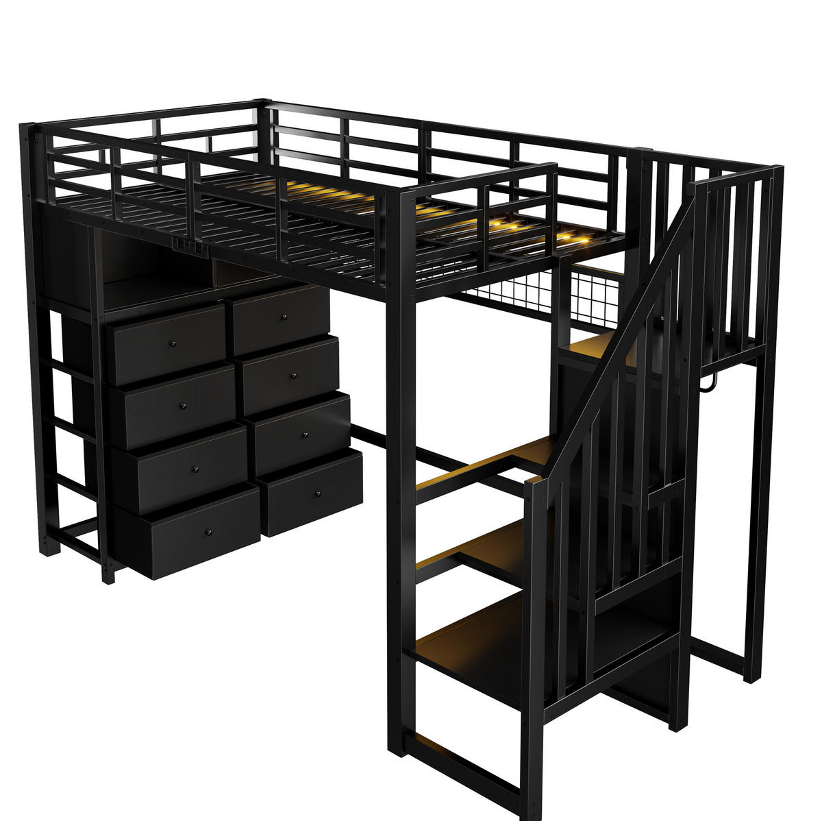 HOCHBETT Metall/MDF 90x200 cm Schwarz mit 8 Schubladen, Treppe, Kleiderschrank und LED - Schwarz, Holzwerkstoff (90/200cm) - Modfu