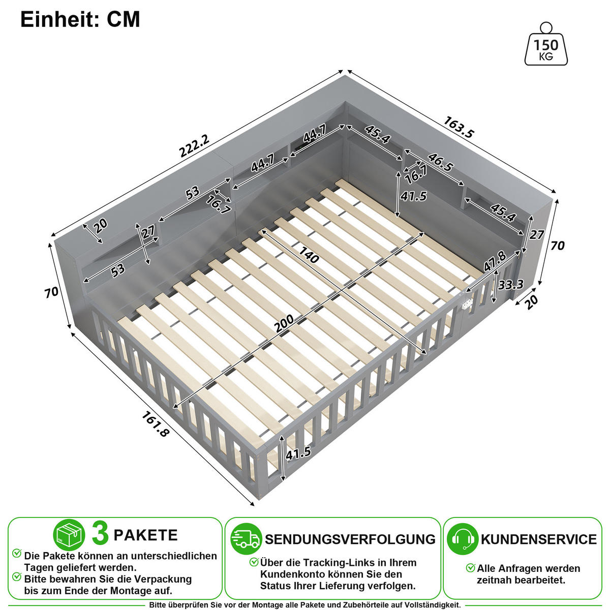 BETT 140/200 cm in Grau mit Ablagefach, USB und Steckdose - Grau, Holz/Holzwerkstoff (140/200cm) - CHICFURN