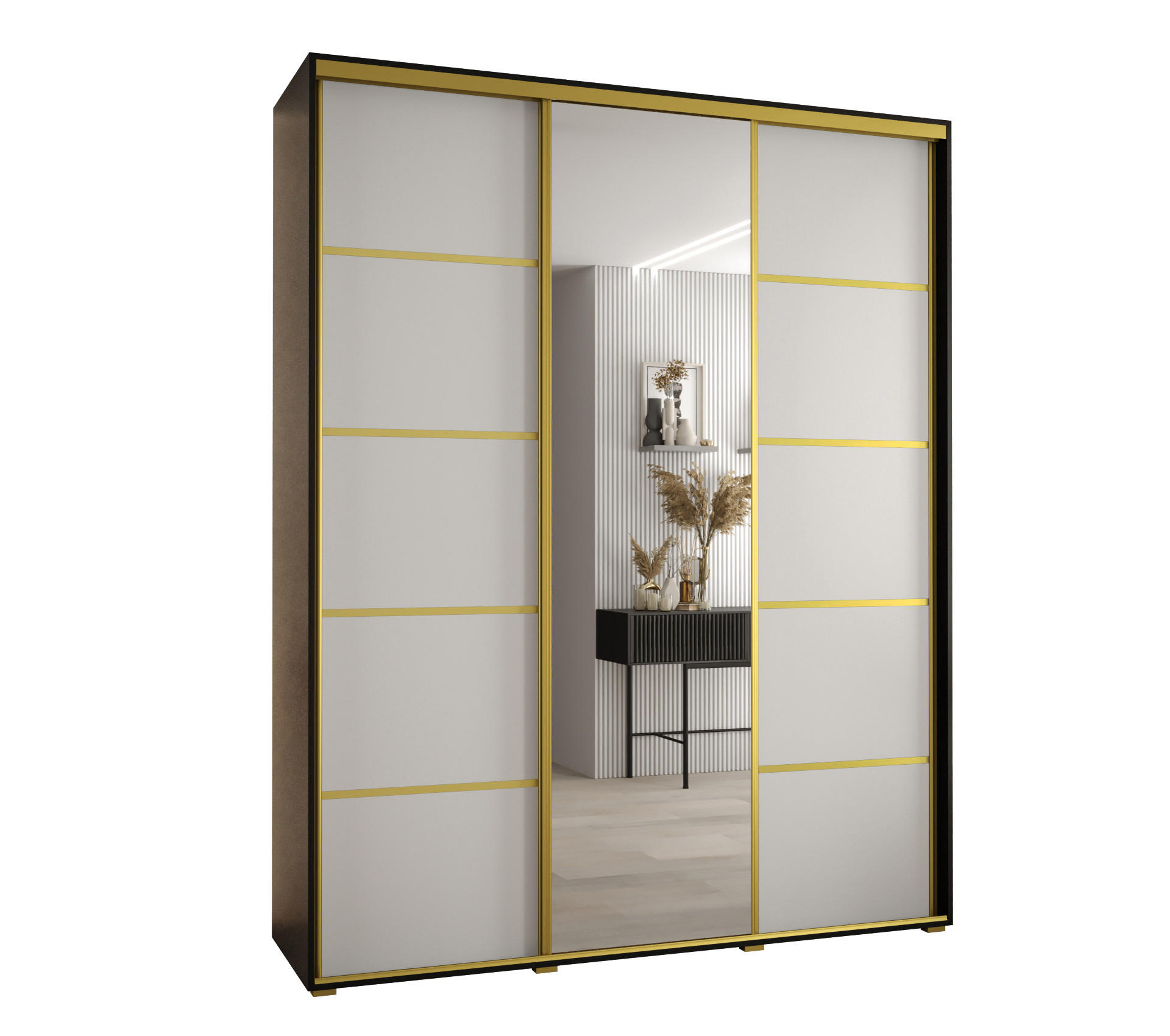 Abiks Möbel Schwebetürenschrank Schwarz, Weiß, Gold 190x235x45 cm