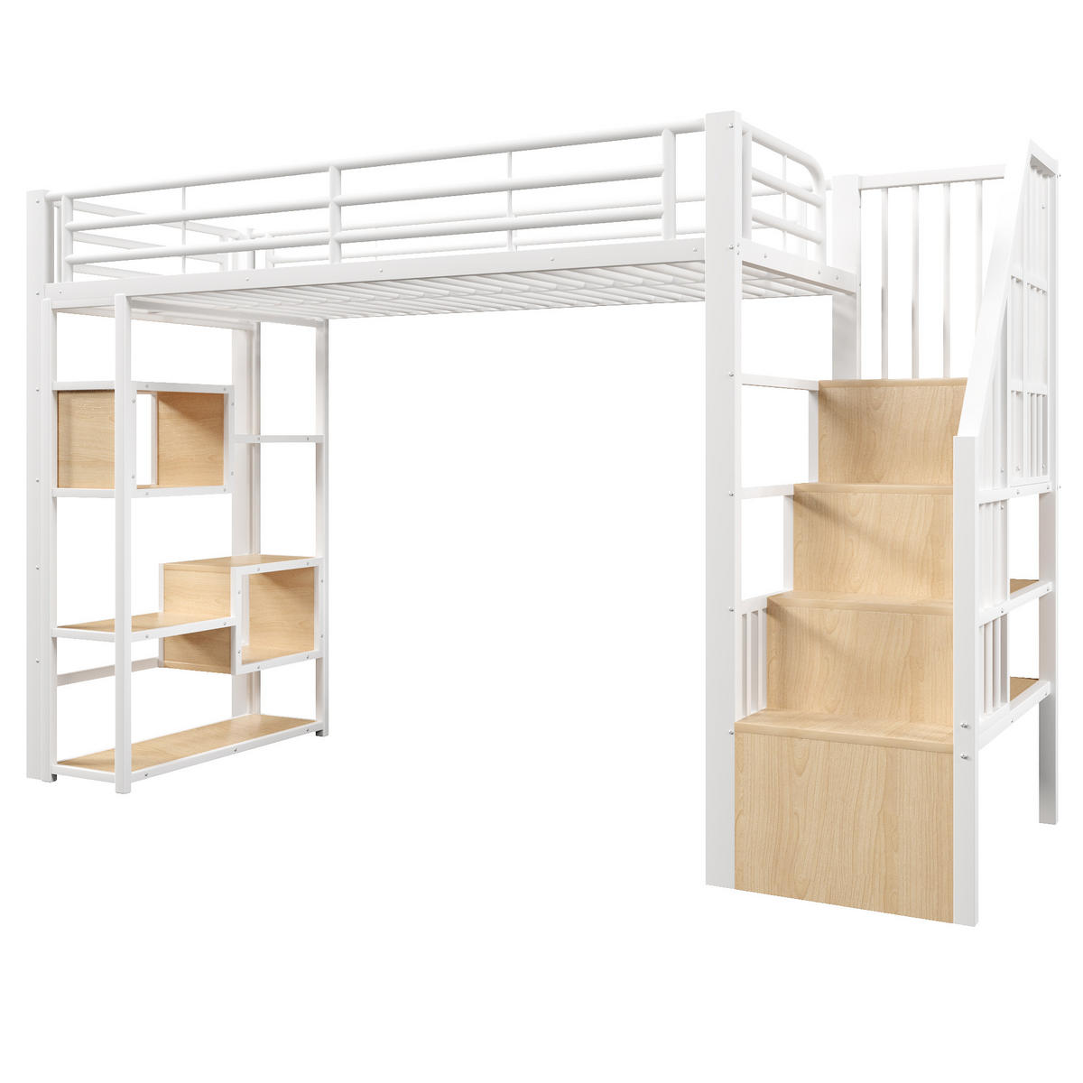 HOCHBETT 90x200cm, Eisen, Ablage, Stufen, Geländer, LED, Stauraum, ohne Matratze, Weiß - Weiß, Holzwerkstoff (90/200cm)