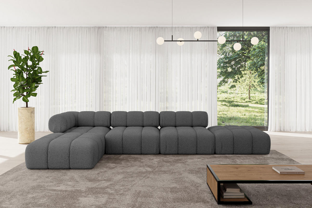 ECKSOFA modulares Sofa Kerru-L2 - 380x190x70 cm Grau Bouclé - Grau, Holzwerkstoff/Textil (380/190cm) - ALTDECOR