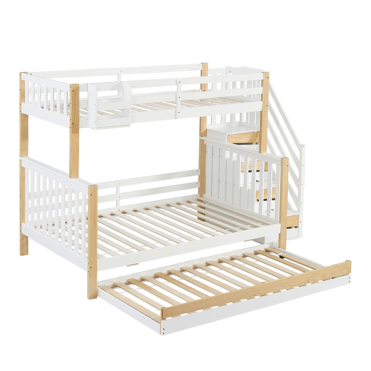 ETAGENBETT 90/200 cm weiß aus Kiefer mit Rollbett und Stauraumtreppe - Weiß, Holz (90/200cm) - OKWISH