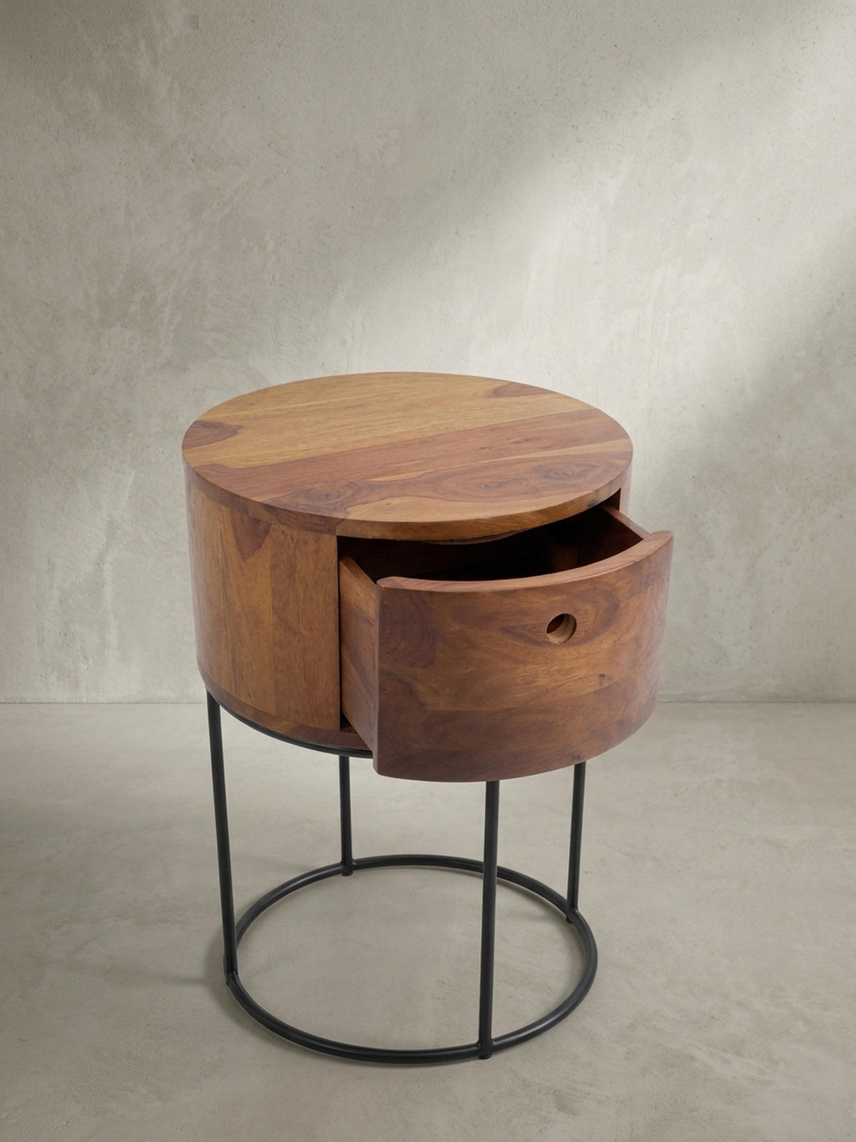 NACHTKONSOLE Massivholz mit Schublade rund Modern Braun - Schwarz/Braun, Holz/Metall (40/60/40cm) - KADIMA DESIGN