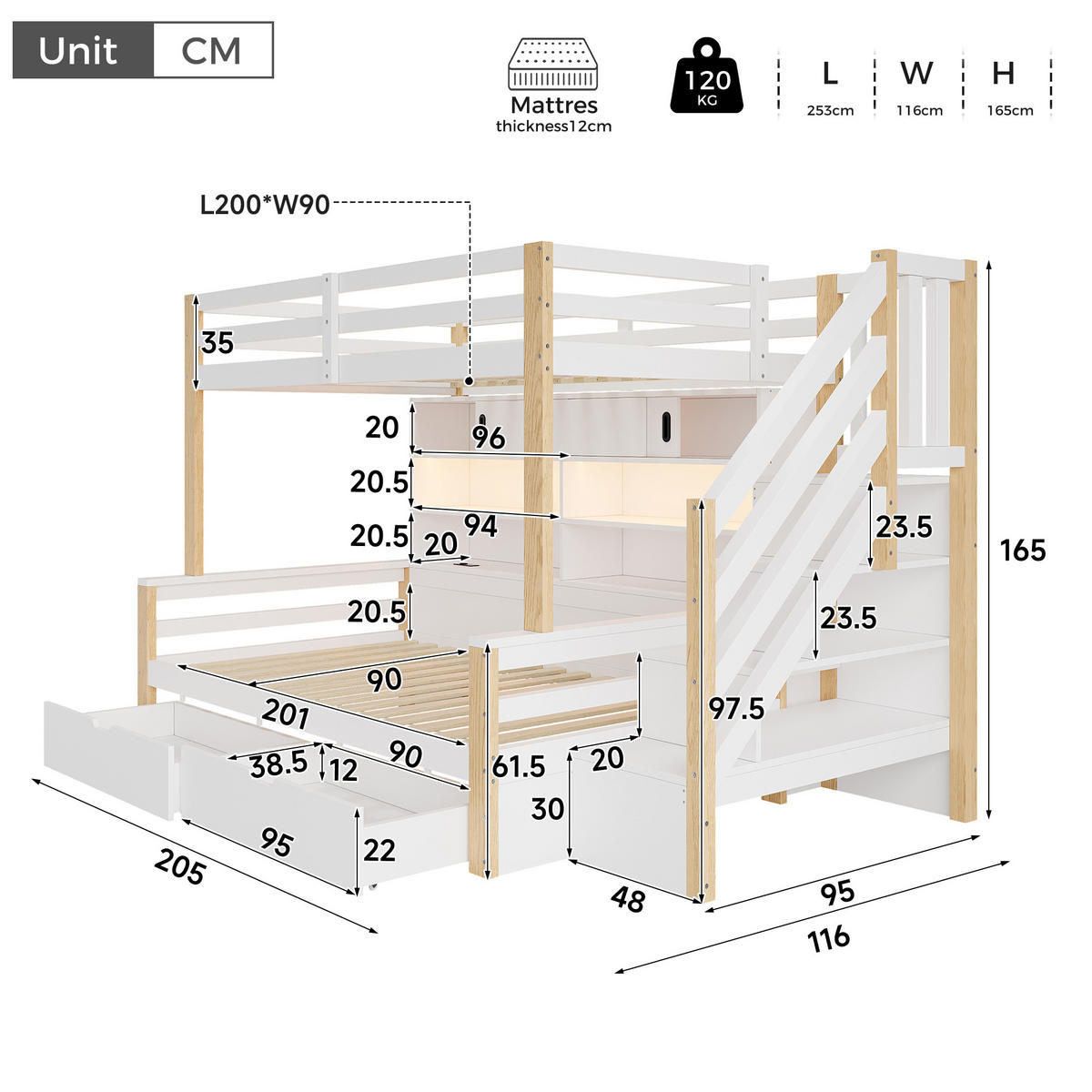 ETAGENBETT 90/200 cm mit Stauraumtreppe und Schiebetüren, DE-41822, in Weiß - Weiß, Holz (90/200cm) - ComfortXL