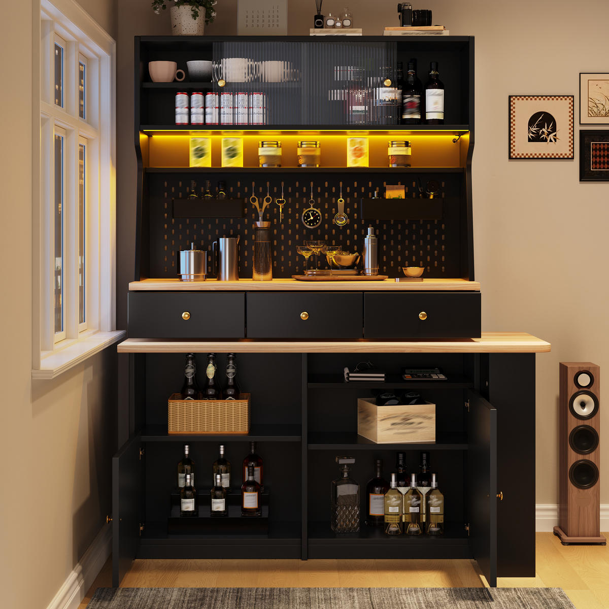 HIGHBOARD DE-38381 137/74/177 cm mit Schreibtisch und LED-Beleuchtung Schwarz - Schwarz, Holzwerkstoff (74/137/177.7cm) - ComfortXL