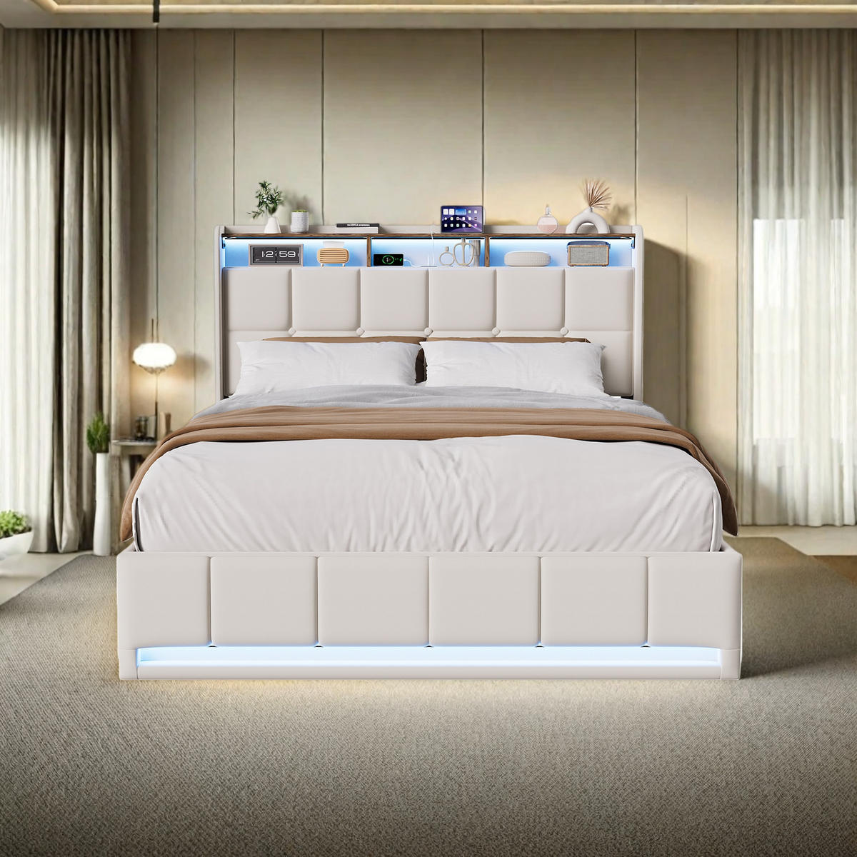 ČALÚNENÁ posteľ 140x200cm béžová ľanová pneumatická LED USB - béžová, kov - SHOPENTRA