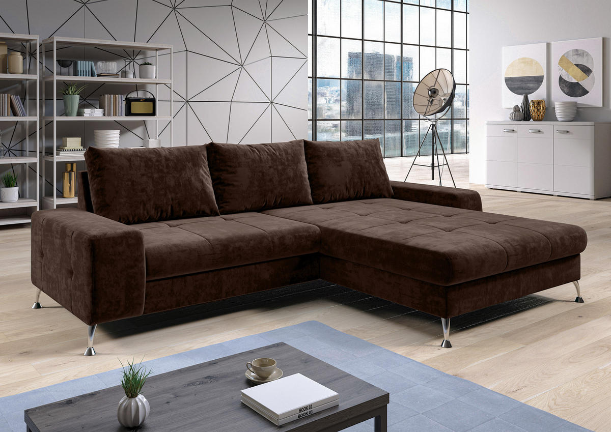ECKSOFA L Form Artemia Braun Samt 275/210/81 cm – modernes Sofa fürs Wohnzimmer R - Silberfarben/Braun, Textil/Metall (275/210cm) - AX Living
