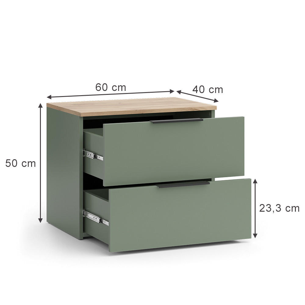 KOMMODE Wido Grün 60 x 50 cm mit 2 Schubladen - Grün/Sonoma Eiche, Holzwerkstoff (60/50/40cm) - Vicco