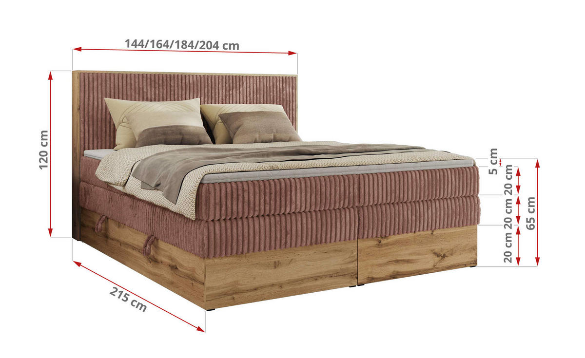 BOXBETT WOOD CLASSIC KING 160/200 - Rosa Cord - H3 - Rosa, Textil (160/200cm) - MKS