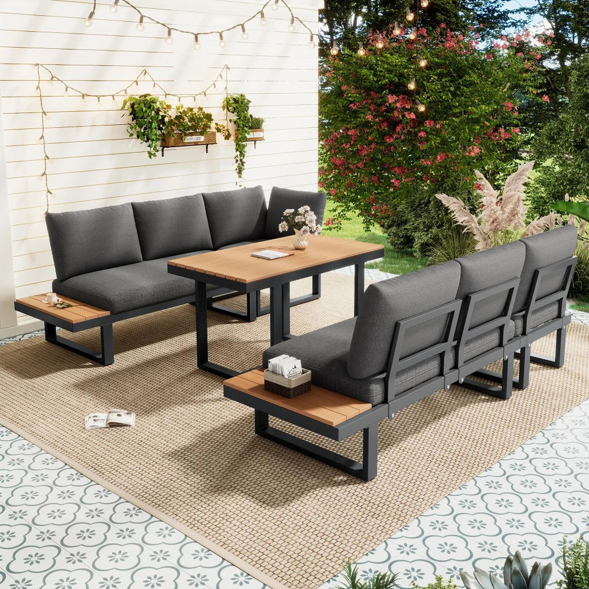 DINING-LOUNGESET Grau, 5-fach Neigung verstellbar - Grau, Textil - Kaket