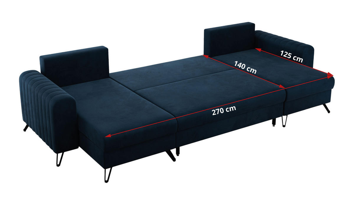 WOHNLANDSCHAFT AXEL U Velvet Dunkelblau - Blau/Schwarz, Textil/Metall (312/90/140cm) - MKS