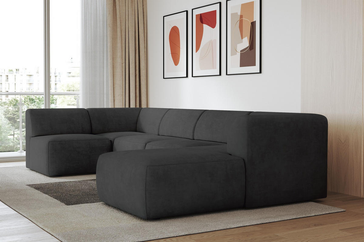 WOHNLANDSCHAFT Ottomane Rechts MOVA 345x180x78 Schwarz Samt - Schwarz, Holzwerkstoff/Kunststoff (345/78/180cm) - ALTDECOR