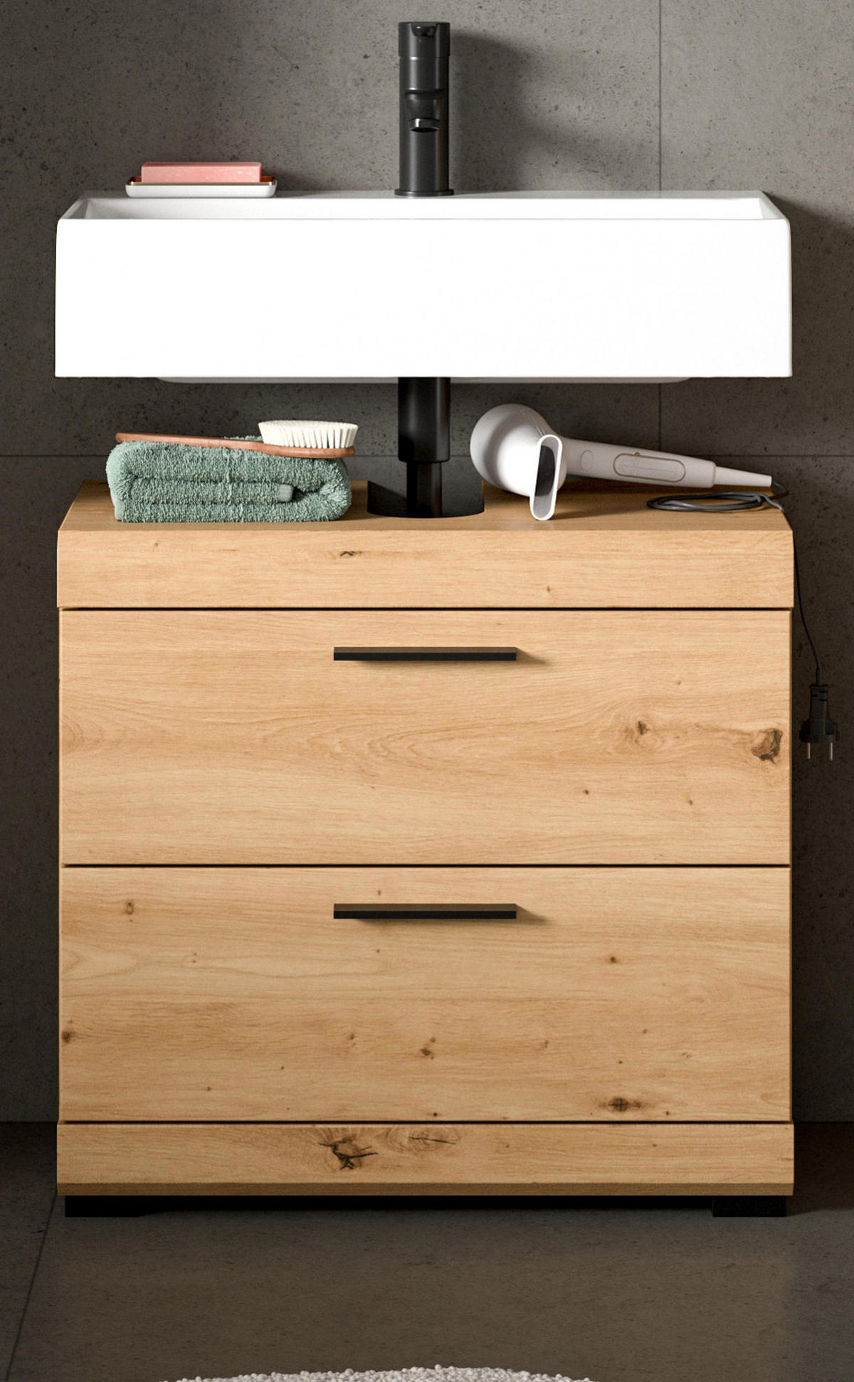 WASCHBECKENUNTERSCHRANK Eiche Artisan 60 cm, Badezimmer Unterschrank mit Schubkästen - Schwarz/Eiche Artisan, Holzwerkstoff/Kunststoff (60/56/34cm) - Inn.Furn