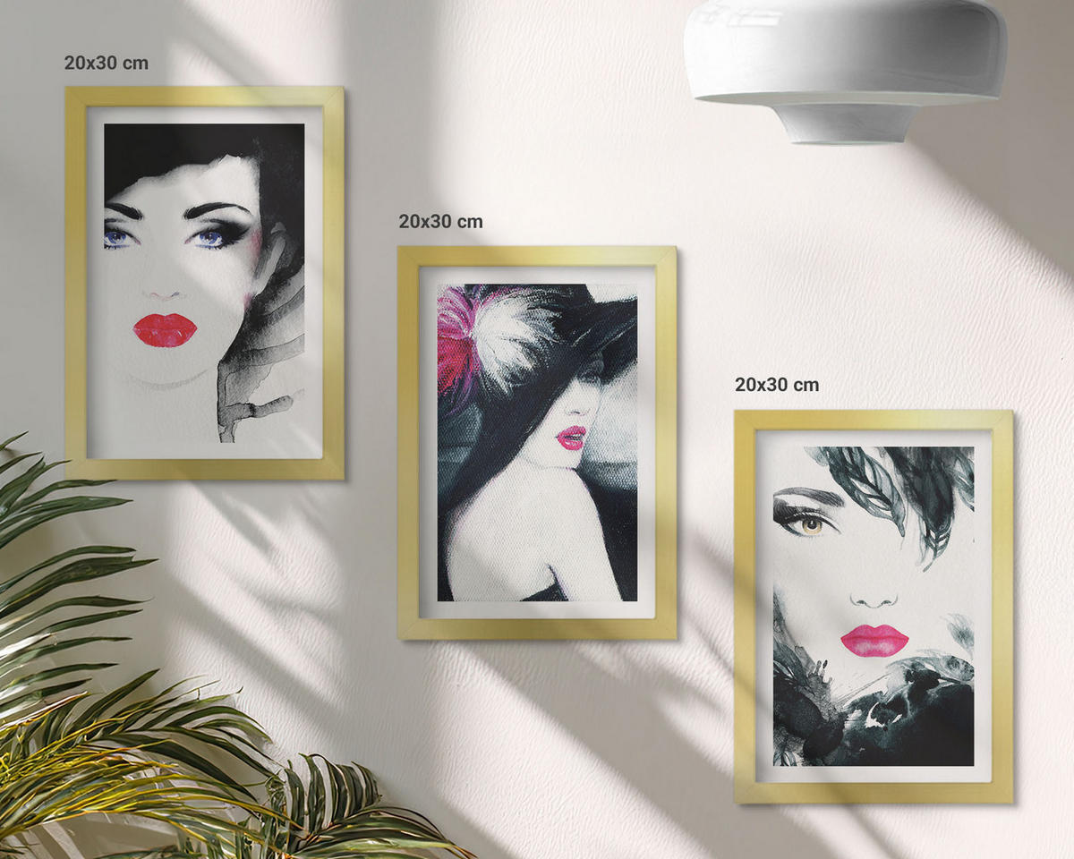 WANDBILDER 3er Set - 20x30 cm Goldrahmen - Porträts von Frauen mit Lippen - Goldfarben, Kunststoff (20/30cm) - ArtPrintCave