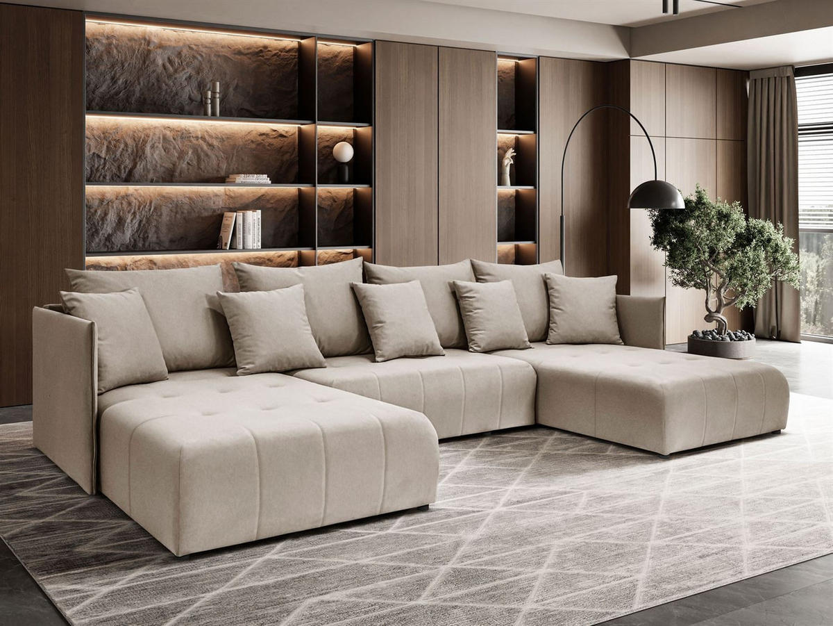 WOHNLANDSCHAFT APOLLO U mit Schlaffunktion und Bettzeugkasten - Beige, Textil (348/93/188cm) - Lookway