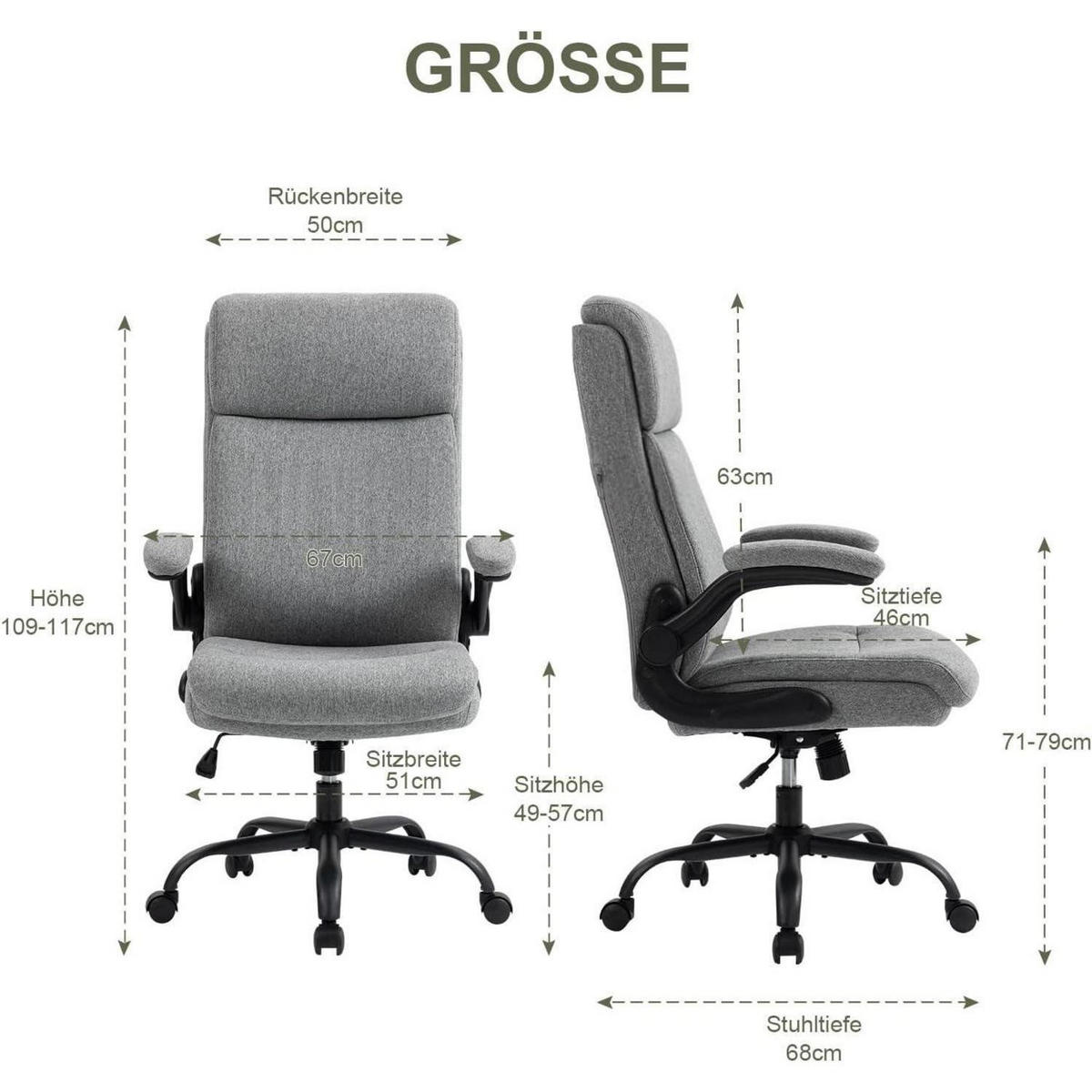 BÜROSTUHL Stoff Grau mit hoher Rückenlehne und hochklappbaren Armlehnen - Grau, Textil (68/113/70cm)