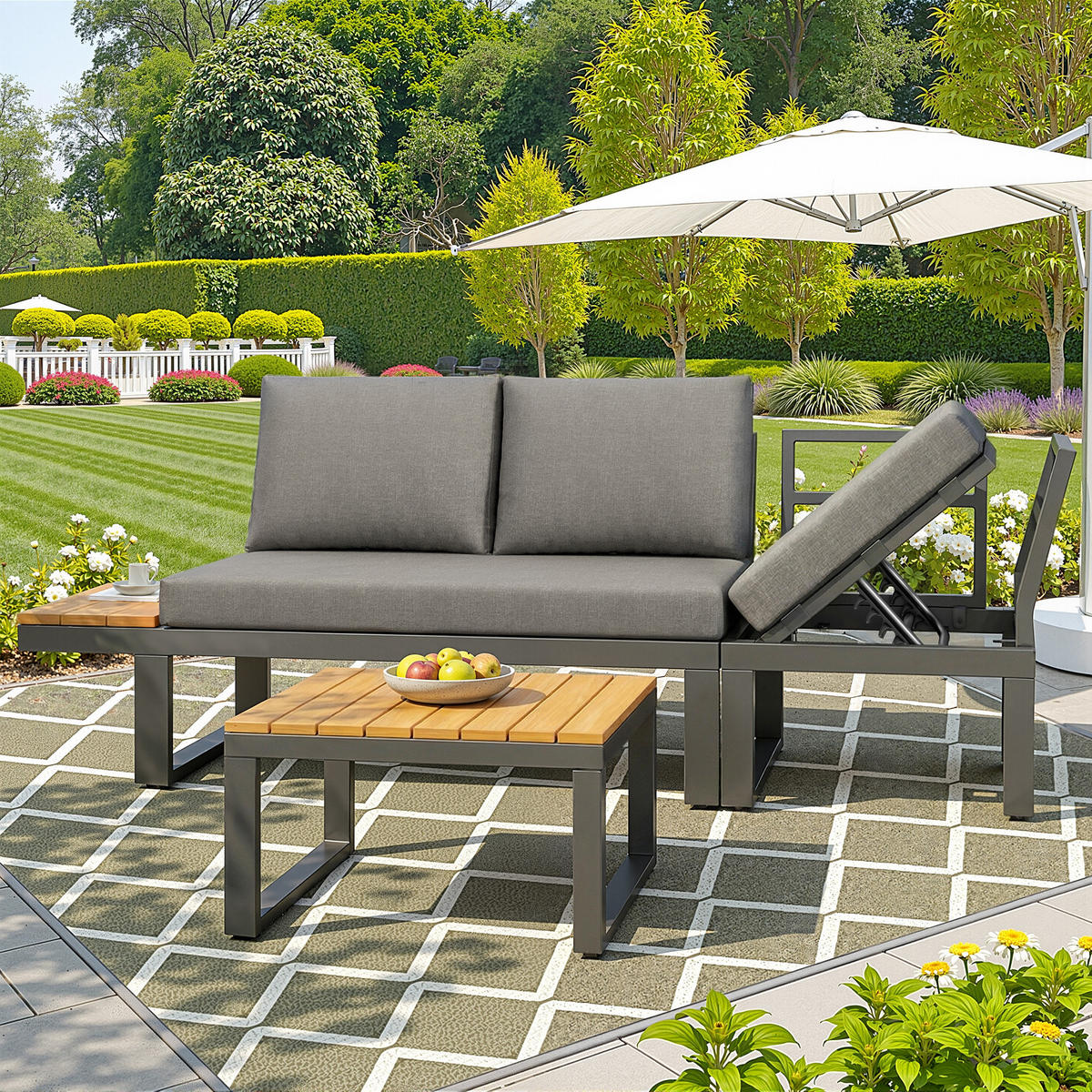 GARTENLOUNGE 6tlg Grau Beige Ecksofa Tisch Hocker verstellbar - Grau, Metall - FLIEKS