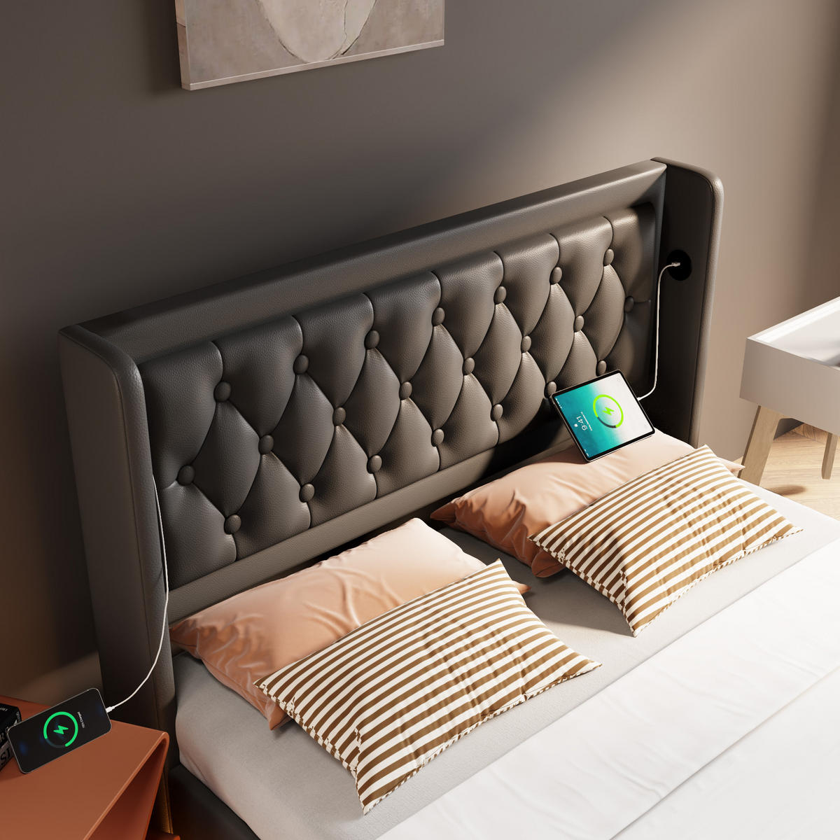 POLSTERBETT 140/200 cm Schwarz aus PU mit USB Typ-C und LED - Schwarz, Kunststoff (140/200cm) - OKMYHOME