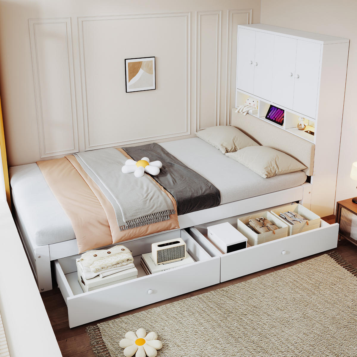 STAURAUMBETT 90/200 cm mit Stauraum, LED und 2 Schubladen, DE-41627, in Weiß - Weiß, Holzwerkstoff (90/200cm) - ComfortXL