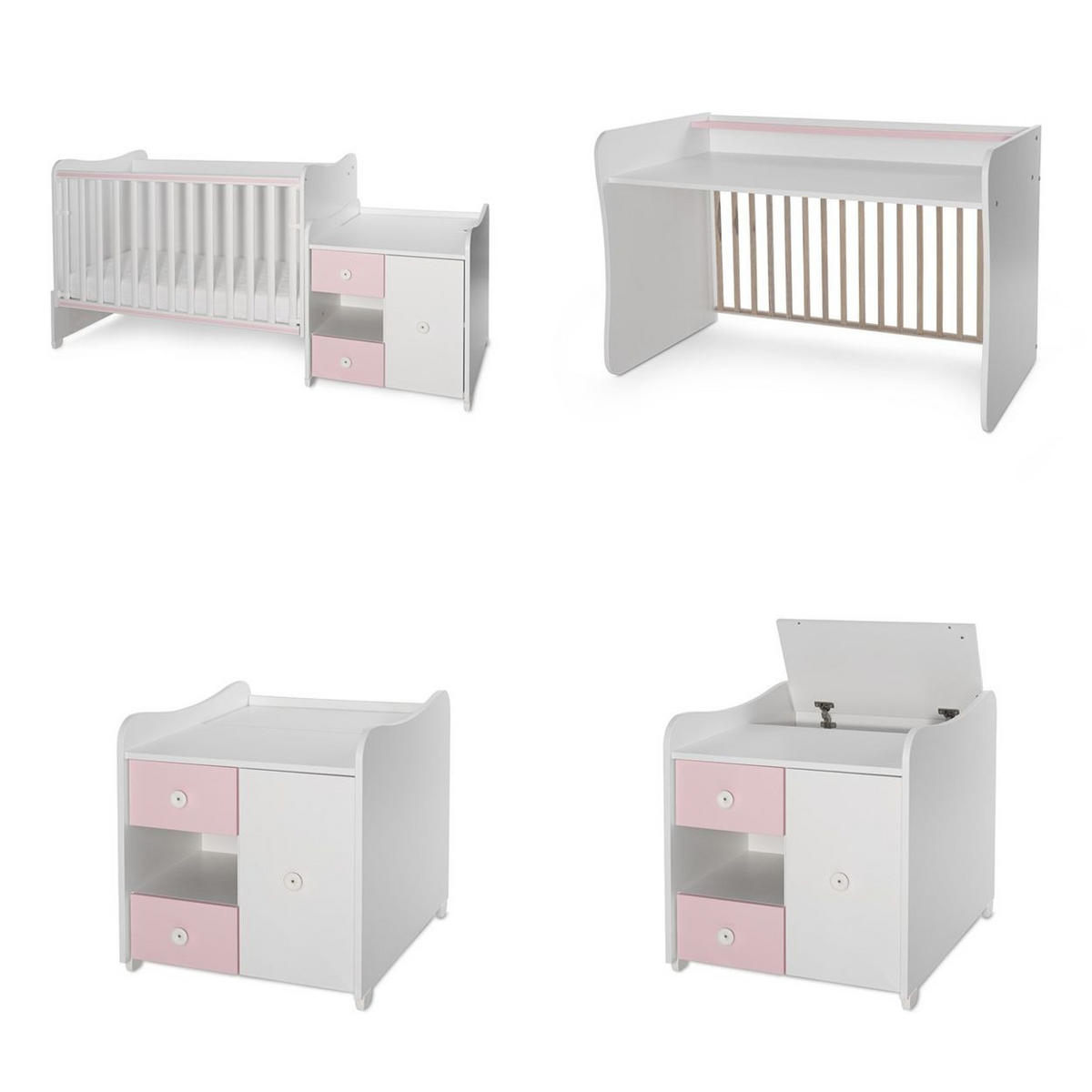 BABYBETT Mini Max 3 in 1 pink 120 x 60 cm, Jugendbett 190 x 72 cm, Wickelkommode, Schaukelfunktion - Rosa, Holzwerkstoff (72/190cm) - Lorelli