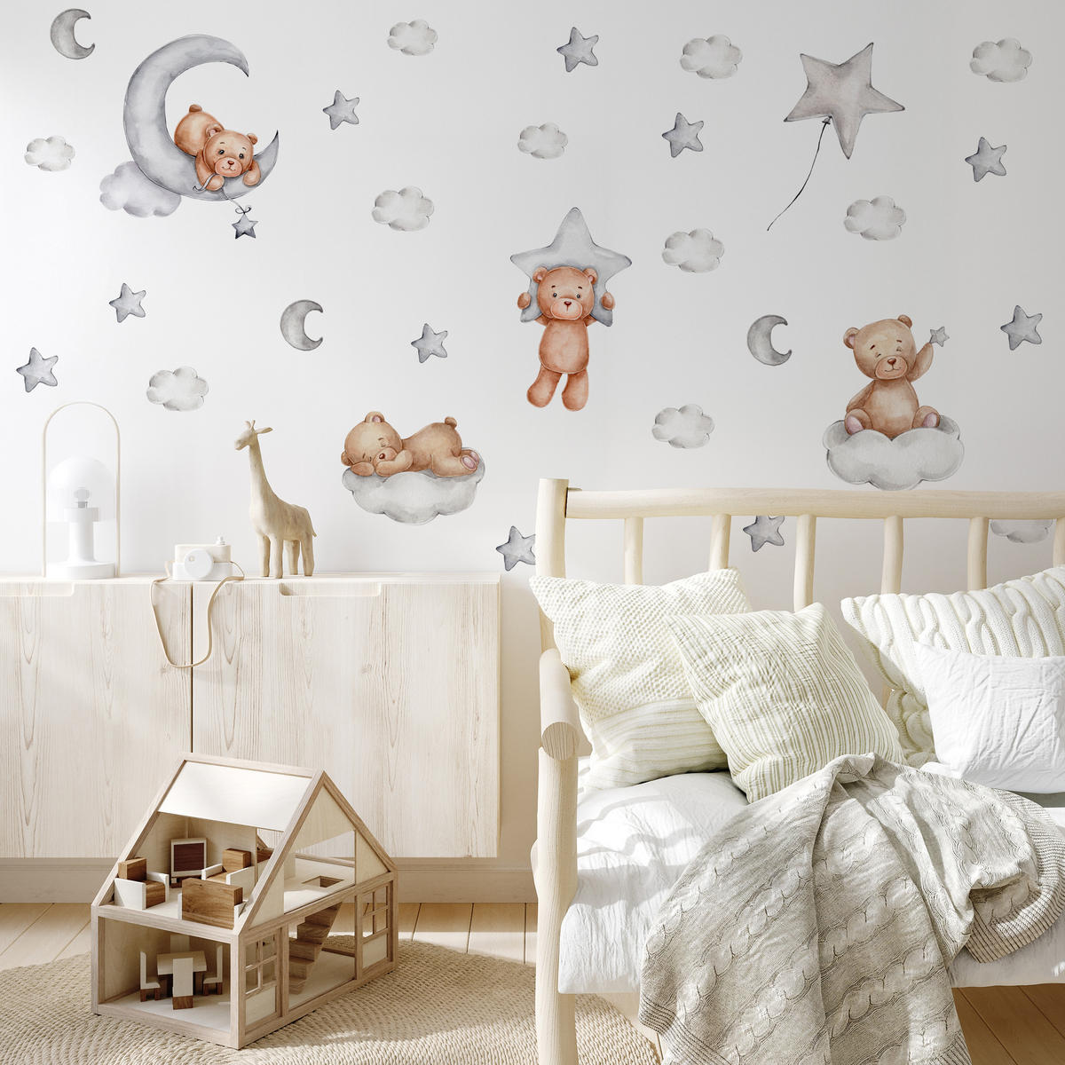 WANDSTICKER SET Teddybären Wolken Sterne Monde 120x60 - Beige/Braun, Papier (120/60/1cm) - Muralo