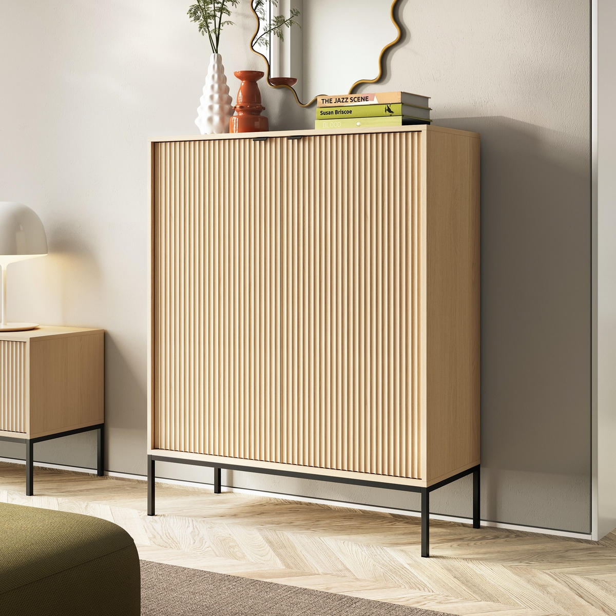 MODERNE Geriffelte Hochkommode KIOTO KW2D (Eiche Vicenza, Schwarzes Gestell, Soft-Close Türen) - Eichefarben/Schwarz, Holz/Holzwerkstoff (104/125/39cm) - Ravio