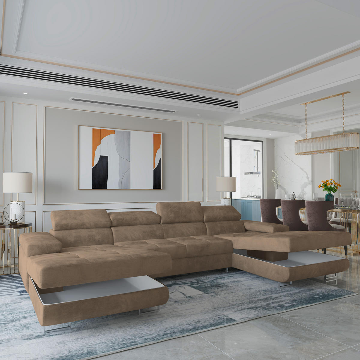 WOHNLANDSCHAFT LYKKE Beige Velours-Stoff mit Schlaffunktion - Beige, Holz (353/90/202cm) - MASSENO