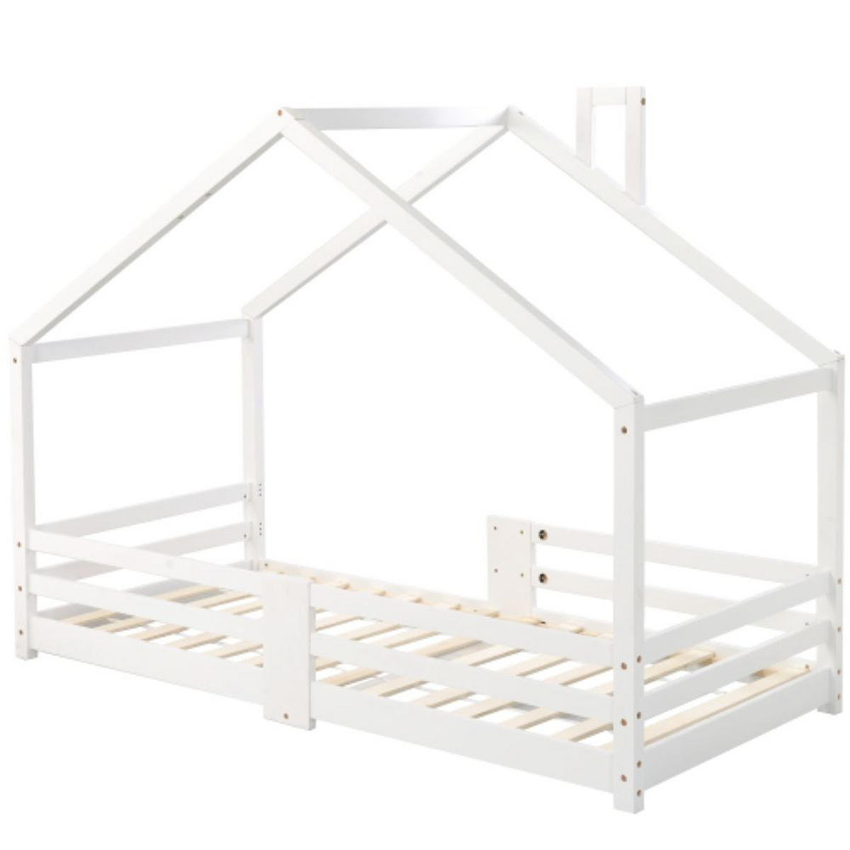 KINDERBETT 90/200 cm in Weiß Hausbett mit Rausfallschutz aus Massivholz - Weiß, Holz (90/200cm) - CHICFURN
