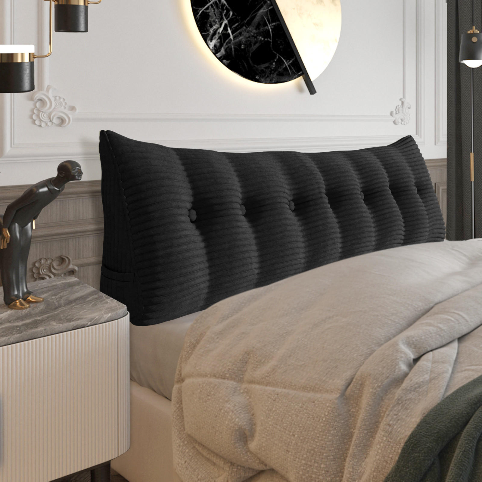 RÜCKENKISSEN für Bett Kord Schwarz 180 cm - Schwarz, Textil (50/180cm) - Vercart