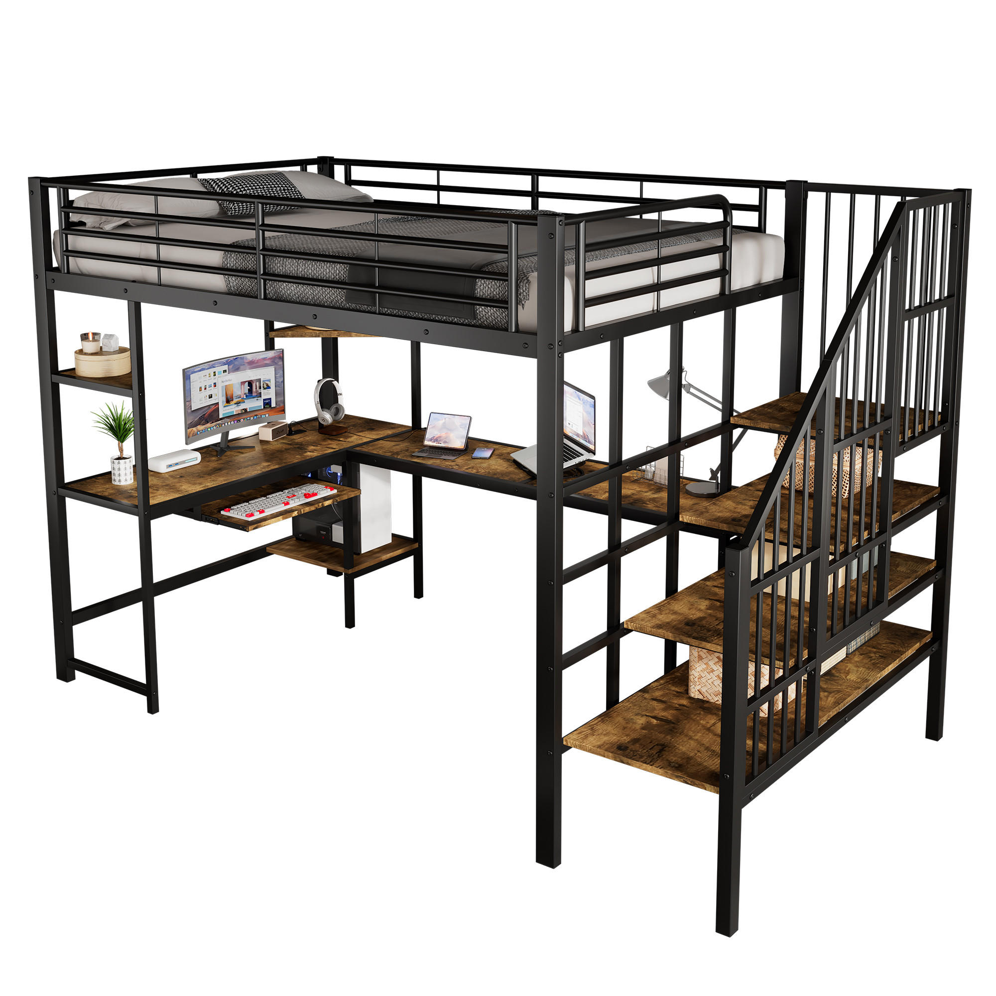 HOCHBETT 120/200 cm in Schwarz & Dunkelwalnuss mit Ladeanschluss, Ecktreppe und Schreibtisch - Schwarz, Holzwerkstoff/Metall (120/200cm) - CHICFURN