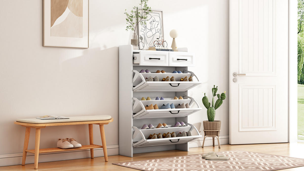 SCHUHSCHRANK mit Schubladen und Türen, weiß matt / Eichen-Optik, moderner Stauraum für Wohnzimmer, 131/23,5/80 cm - Weiß, Holzwerkstoff (131/23.5/80cm) - Redom