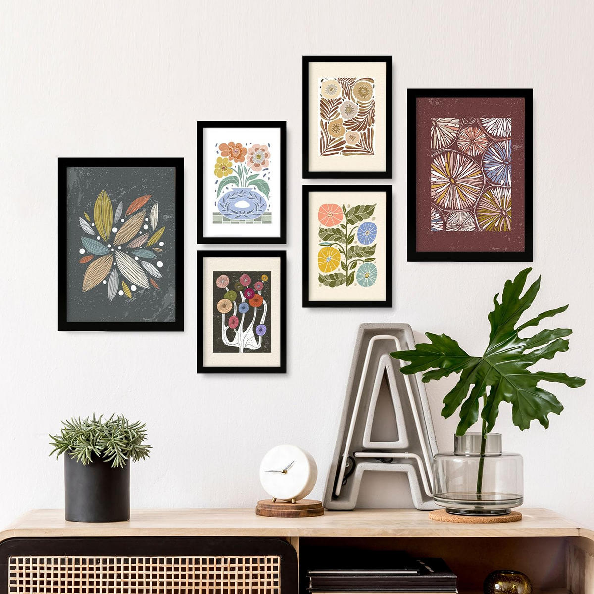 POSTER Set Mit 6 Drucken Von Blumen Im Ethnischen Drucke Sammlung Ästhetische Dekorative Rahmen Für Zuhause Wandkunstdruck A3 & A4 Schwarzer Rahmen - Schwarz, Papier (29/3cm) - Nacnic