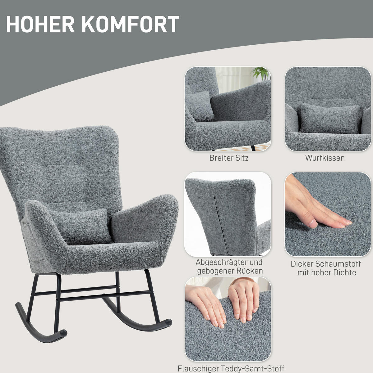 RELAX-SCHAUKELSTUHL 67/95/100 cm mit Teddybezug und Seitentasche, bis 120 kg belastbar - Grau, Textil (67/100/95cm) - BEAOK
