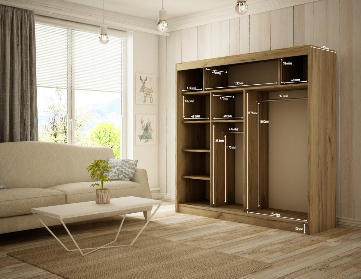 KLEIDERSCHRANK TIWAN mit Spiegel/LED - 200 cm - Braun - Braun, Holzwerkstoff (200/215/61cm) - ALTDECOR