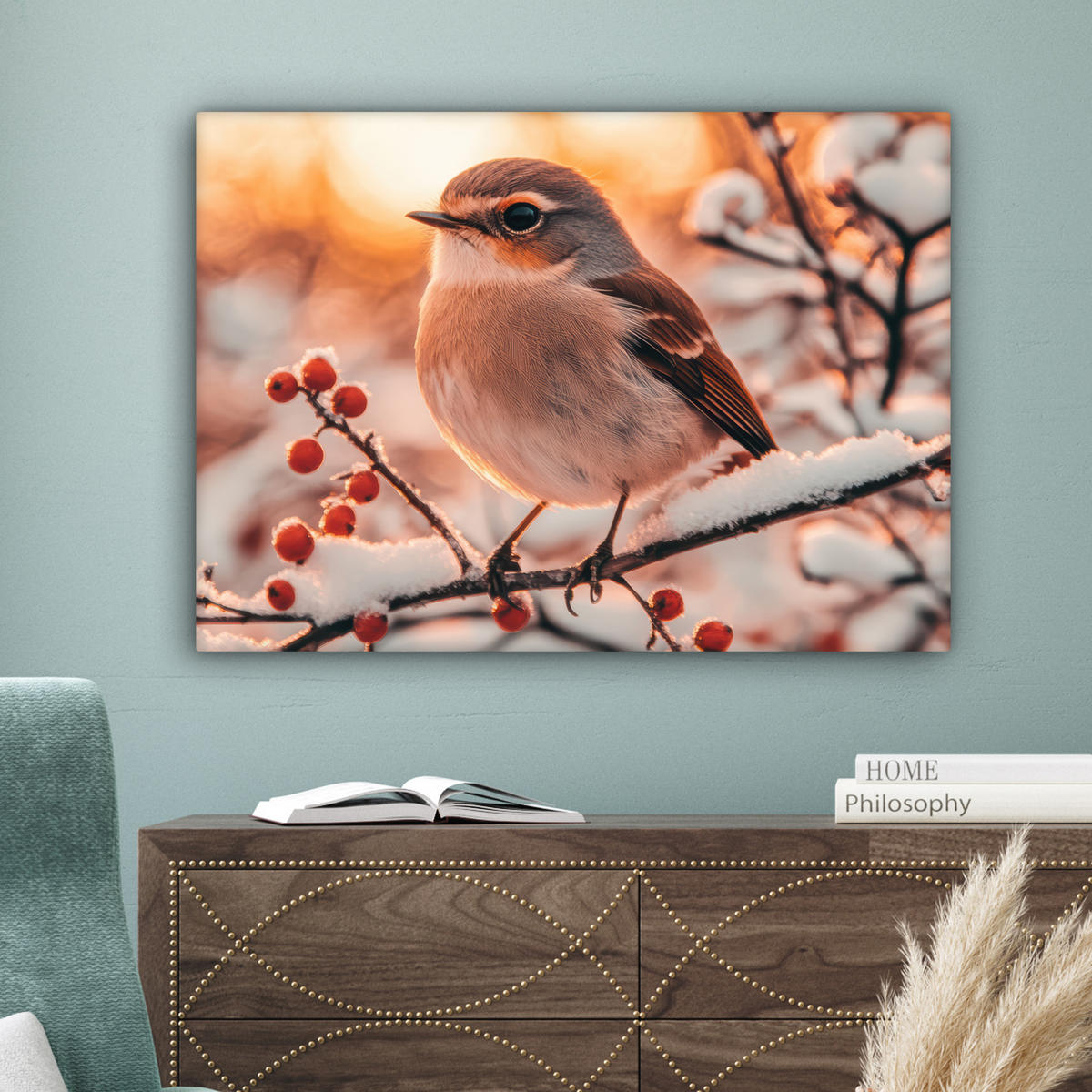 LEINWANDBILD Vogel - Zweig - Winter - Tiere - Schnee Wandbilder 80x60 cm - Bernsteinfarben, Textil (80/60cm) - MuchoWow