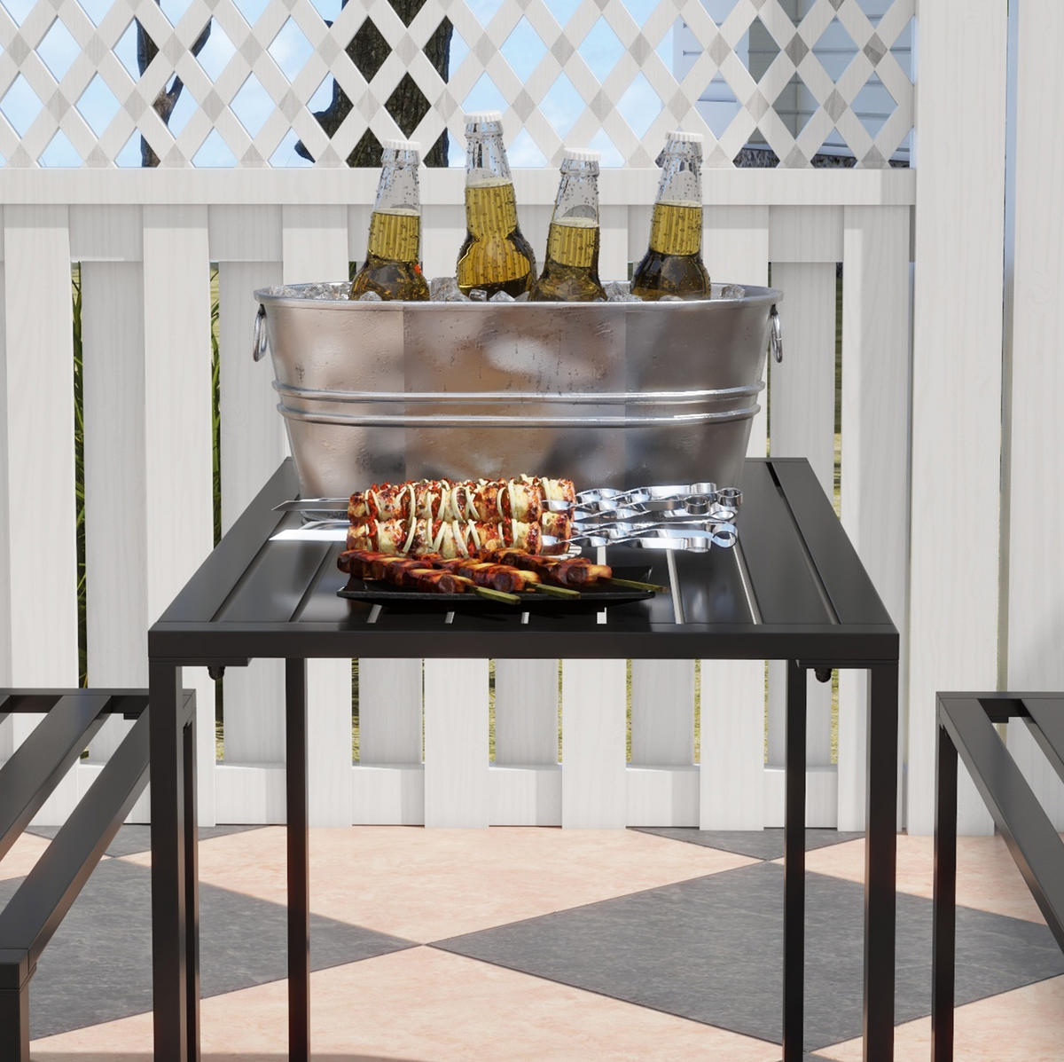 GARTENSET aus Metall 110x55x70 cm Schwarz 3-teilig mit Tisch und 2 Bänken, wetterbeständig - Schwarz, Metall - Modfu