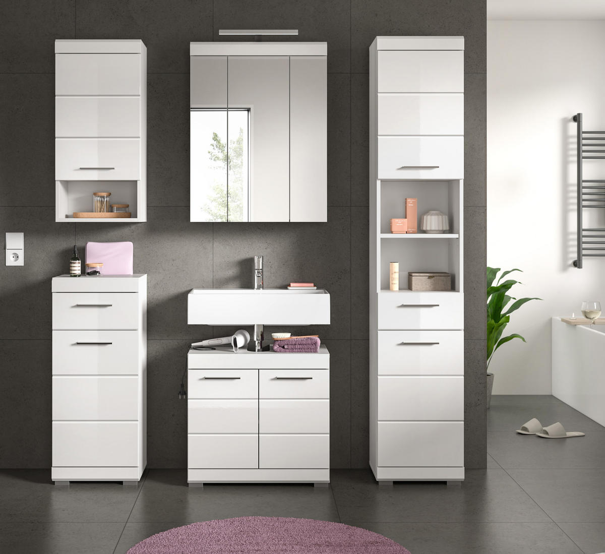 BADMÖBEL-SET weiß Hochglanz 5-teilig 164 cm, Komplettset mit viel Stauraum - Weiß Hochglanz, Glas/Holzwerkstoff (164/191/34cm) - Inn.Furn