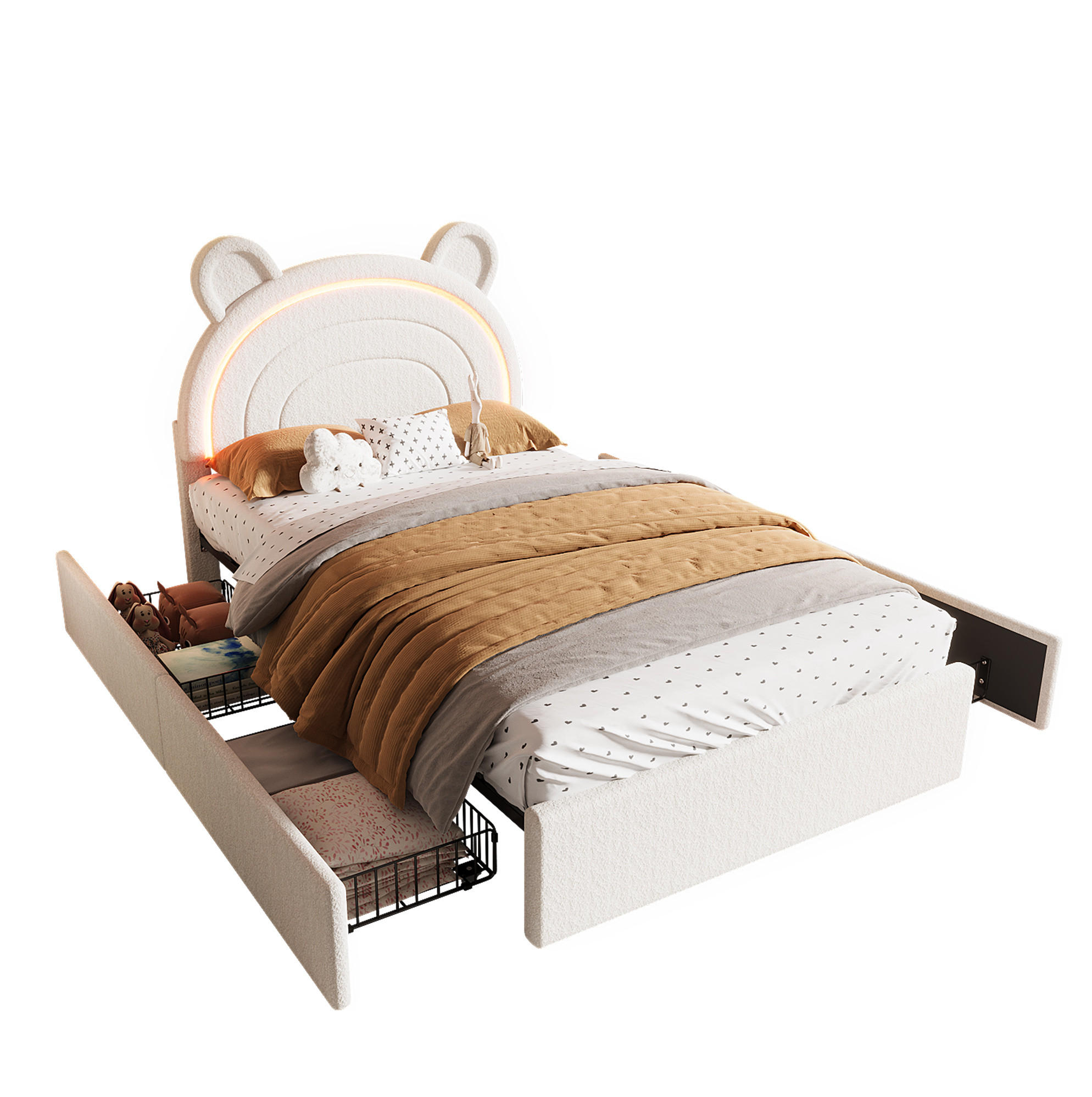 KINDER-POLSTERBETT aus Samt 90x200 cm Beige mit Bären-Kopfteil, 4 Schubladen und App-LED-Beleuchtung - Beige, Textil (90/200cm) - Modfu